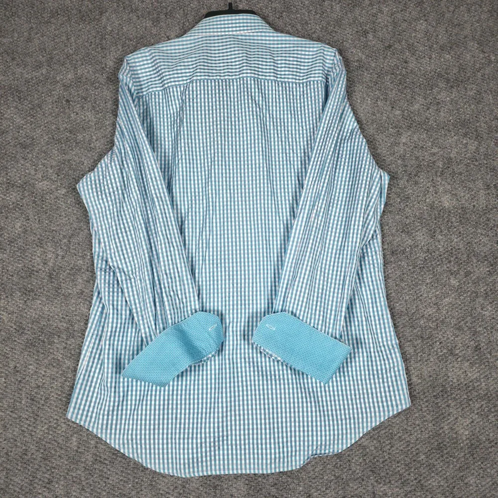 Bugatchi Uomo Mens Blue White Gingham Check Long Sleeve Button Up Shirt‎ 16.5 34